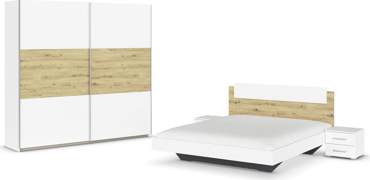 SCHLAFZIMMER Borba in Weiß und Eiche 4 teilig – mit Bettanlage 160x200cm, zwei Nachttisch und Schwebetürenschrank 218cm Breite - Weiß, Holzwerkstoff (80/200/120cm)