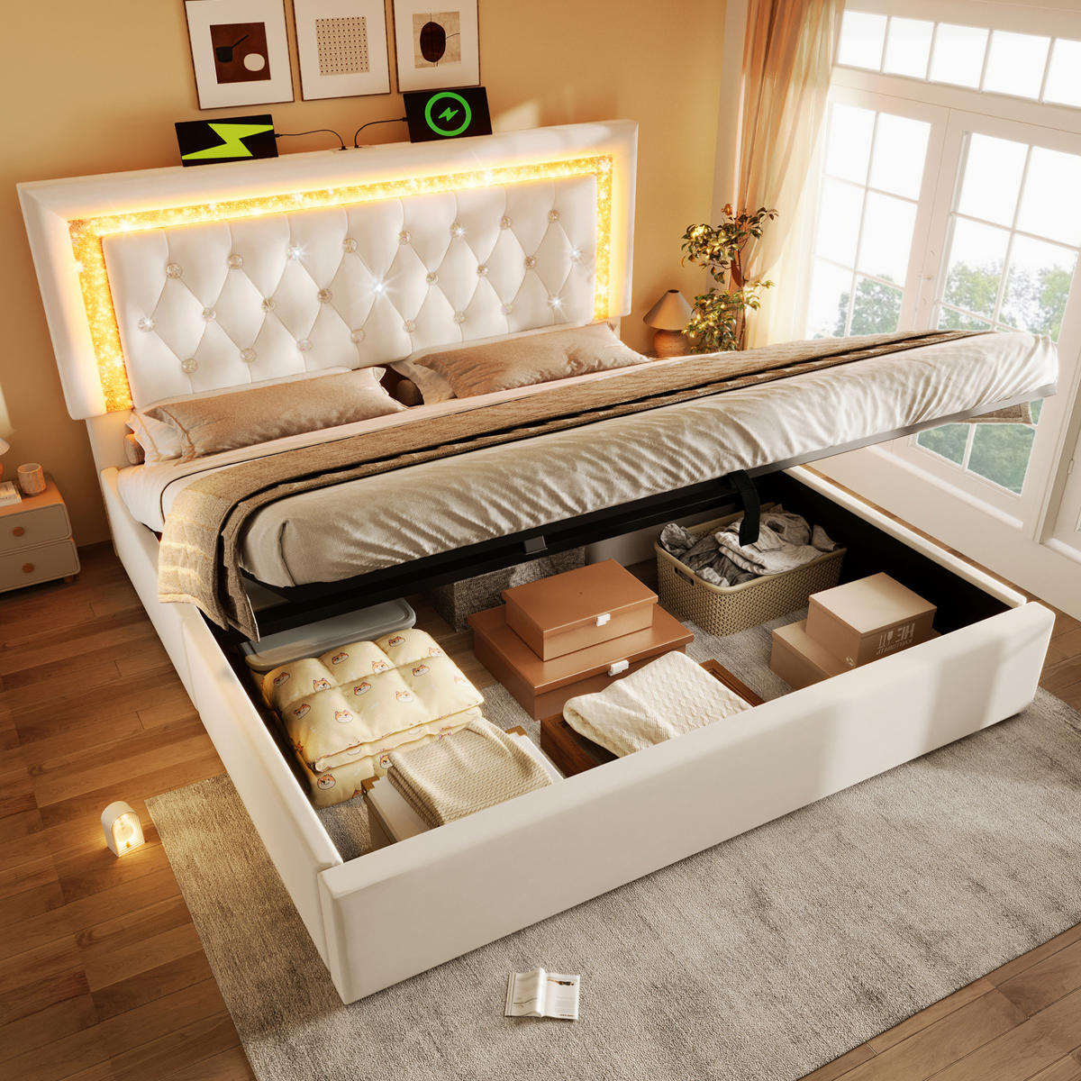 POLSTERBETT aus Samt 140x200 cm Beige mit LED-Beleuchtung, USB/Type-C und hydraulischem Bettkasten - Beige, Textil (140/200cm) - IVMEU