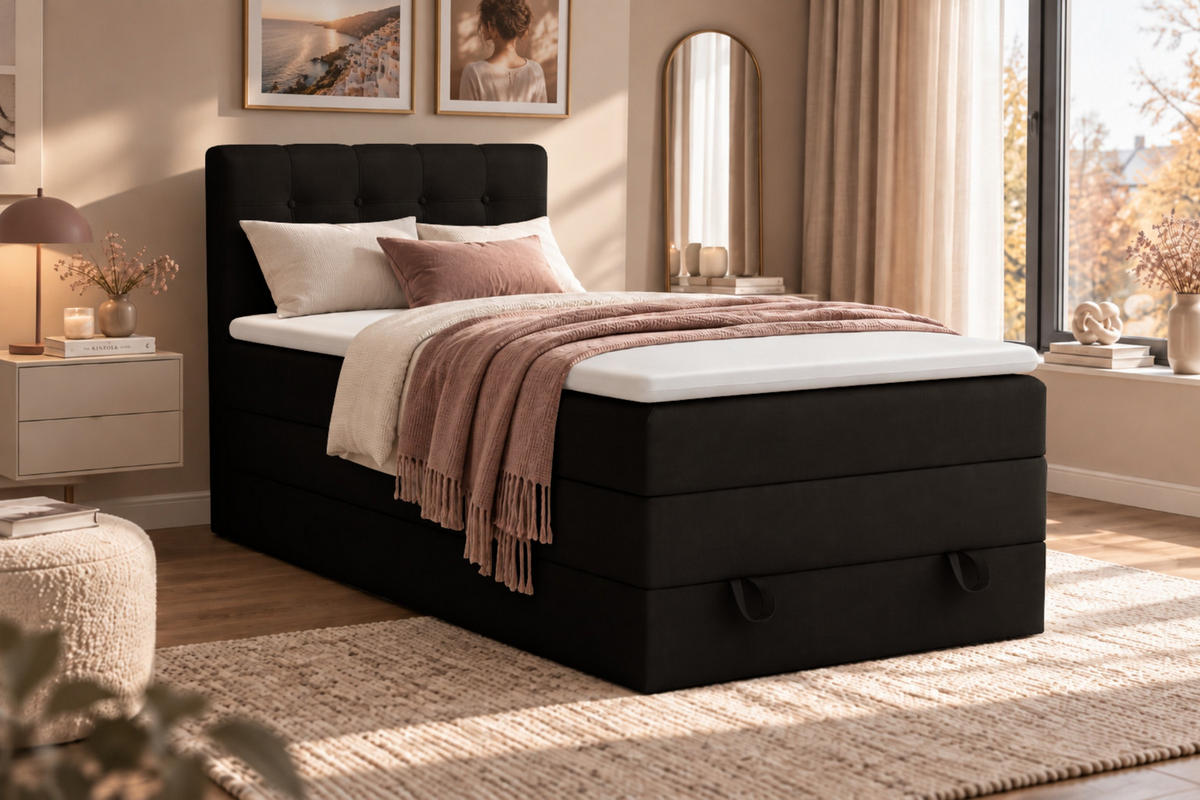 BOXSPRINGBETT JUNG 1 100/200 Velours Schwarz mit Matratzen H3 + H4 - Schwarz, Holz/Holzwerkstoff (100/200cm) - Deine Möbel 24