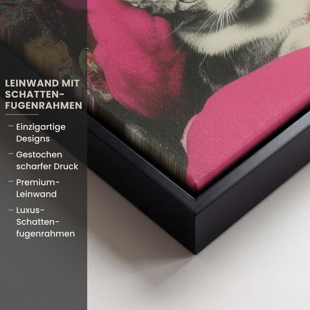 LEINWAND Bilder mit Rahmen - Frau - Katze - Blumen - Tasse - Retro - 50x70 - Magenta, Textil (50/70cm) - MuchoWow