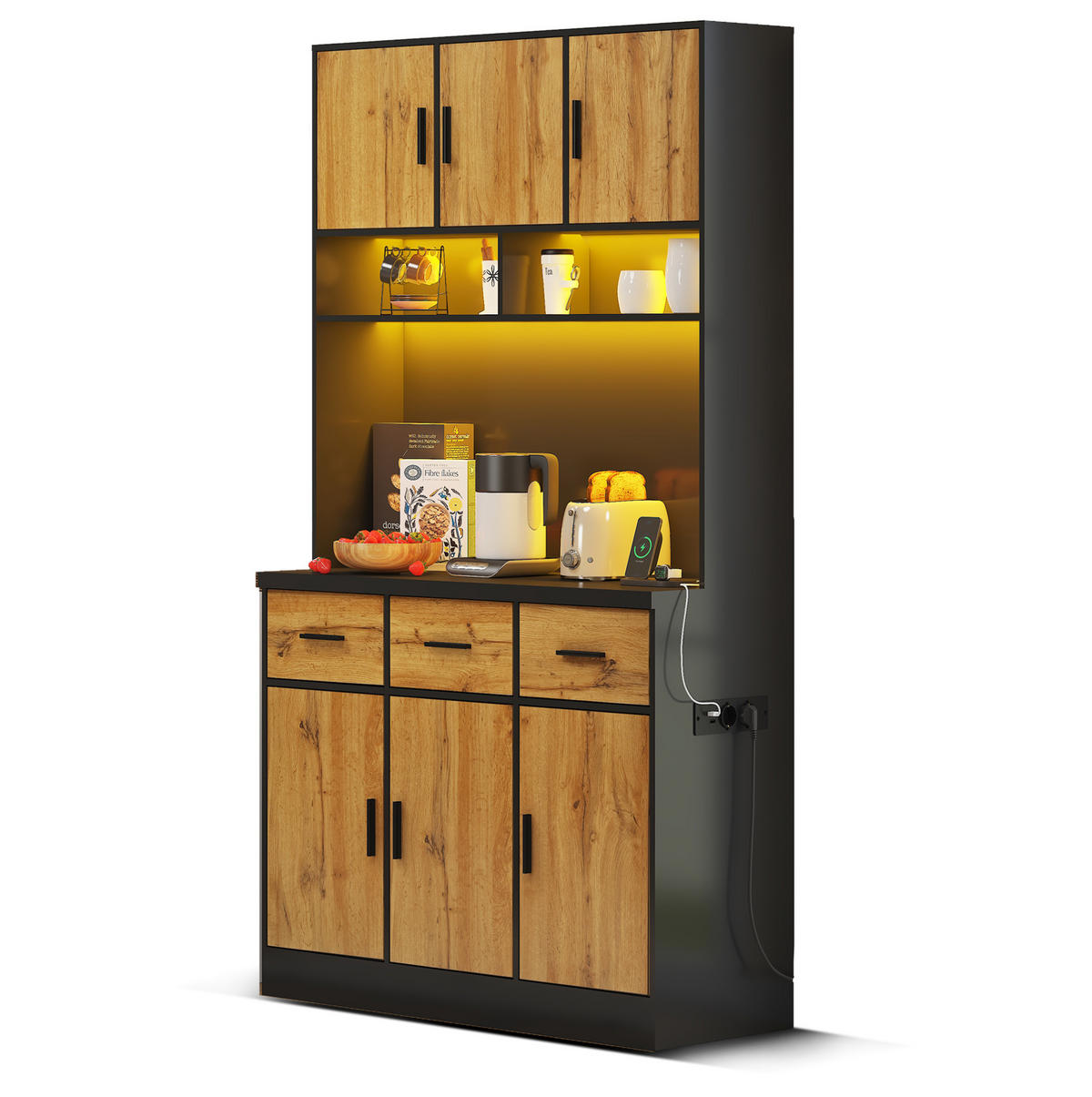 BUFFETSCHRANK aus MDF, mit LED, 3 Schubladen & Steckdosenleiste, 100/40/180 cm, Schwarz/Natur - Schwarz, Holzwerkstoff (100/180/40cm) - Modfu