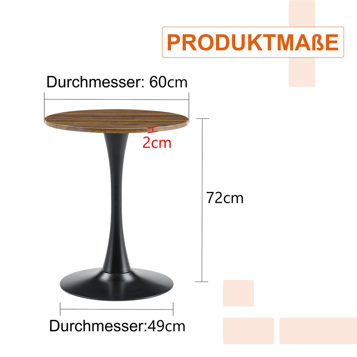 BEISTELLTISCH 60/60/72 cm walnussfarben/schwarz aus MDF und Metall mit runder Tischplatte - Schwarz, Holzwerkstoff (60/60/72cm) - OKWISH