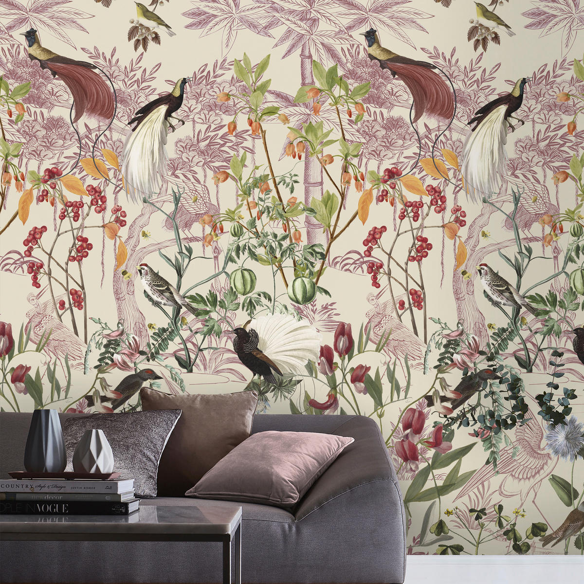 FOTOTAPETE Paradiesvögel 280x159cm - Pink/Altrosa, Papier/Kunststoff (159/1cm) - Sublime