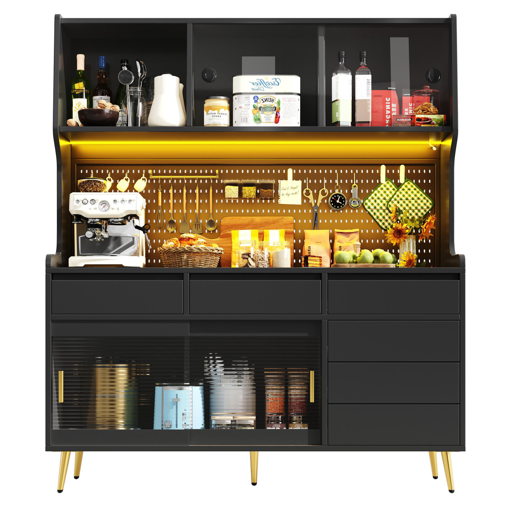 BUFFET 145/171/39 cm Schwarz aus MDF und Glas mit LED-Beleuchtung - Schwarz, Holzwerkstoff (39/171/145cm) - OKMYHOME