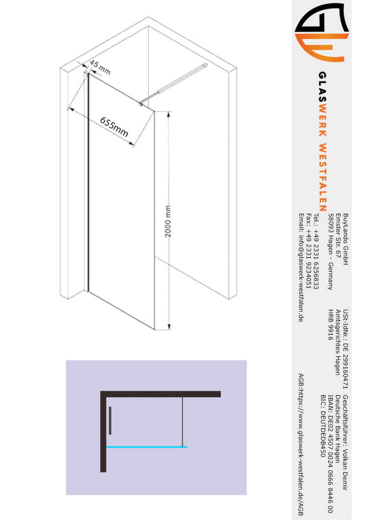 WALK-IN-DUSCHWAND 70 × 200 cm – ESG-Sicherheitsglas – Gold - Goldfarben, Glas (10/70/200cm) -  Glaswerk Westfalen