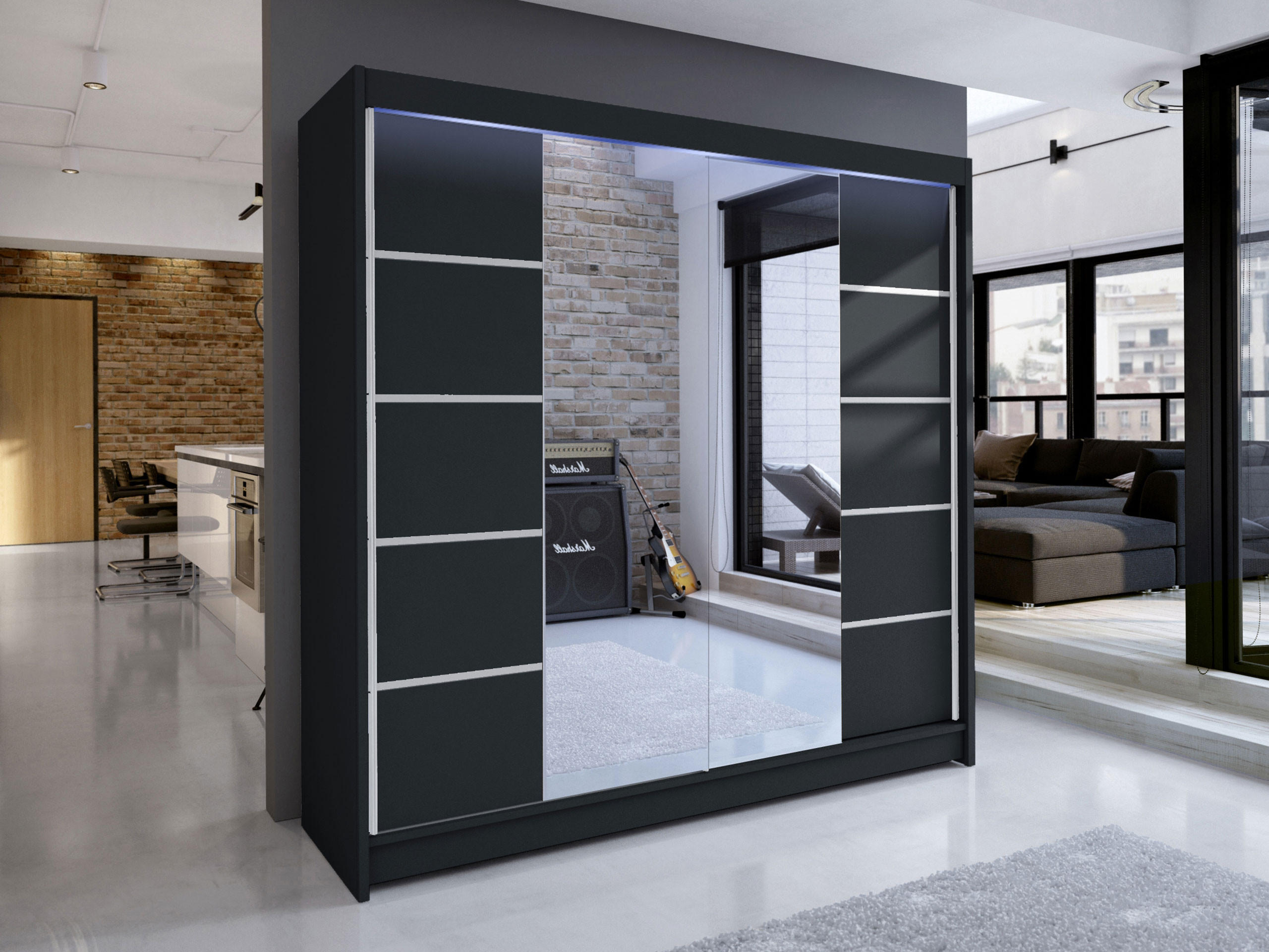 SCHWEBETÜRENSCHRANK Talin V, mit RGB LED Beleuchtung - Silberfarben/Schwarz, Holzwerkstoff/Metall (180/215/58cm) - MIRJAN24