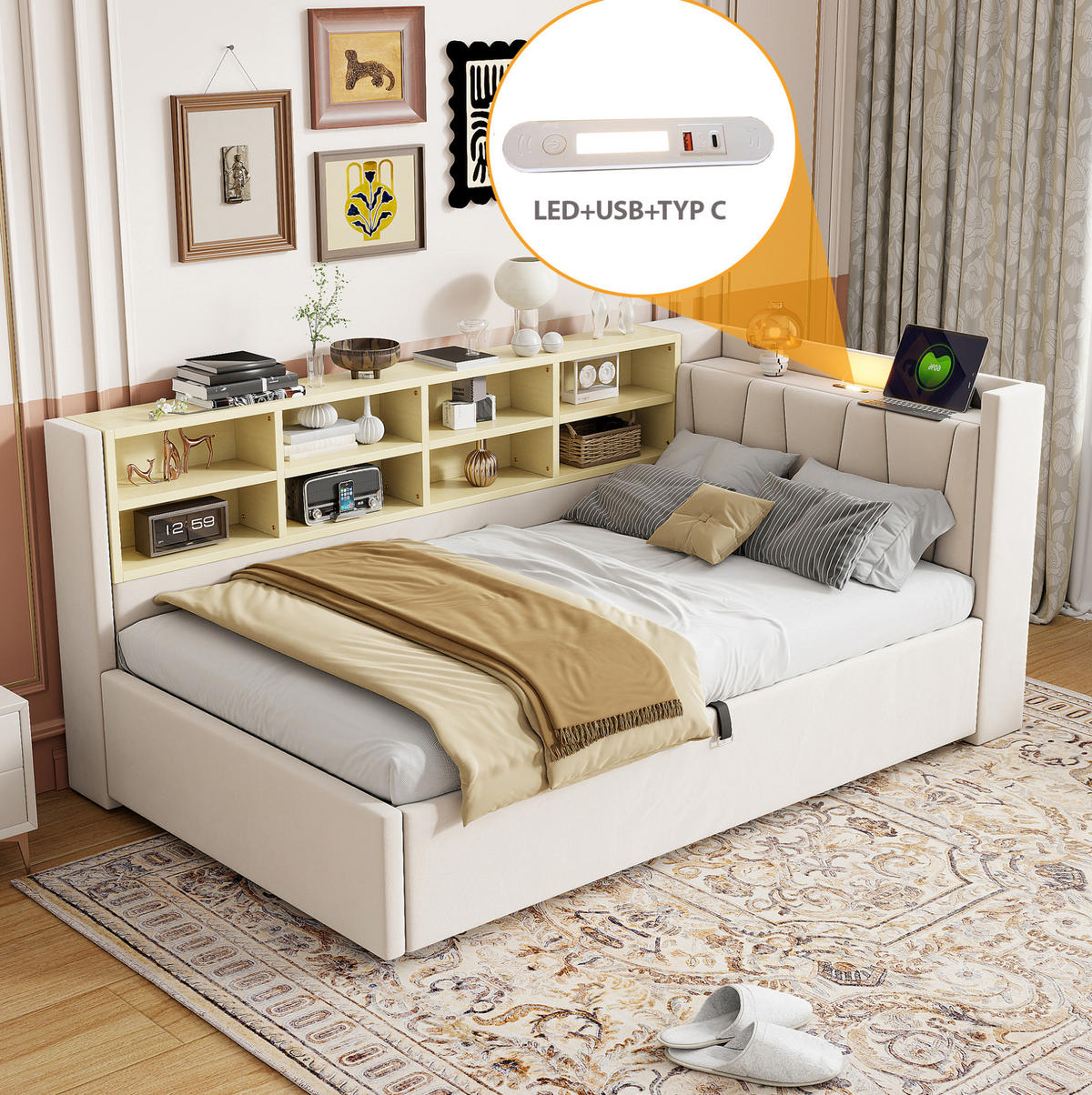 SCHLAFSOFA aus Samt 90x200 cm Beige mit hydraulischem Stauraum, Nachtlicht, USB- und Typ-C-Anschlüssen - Beige, Textil (90/200cm) - IVMEU
