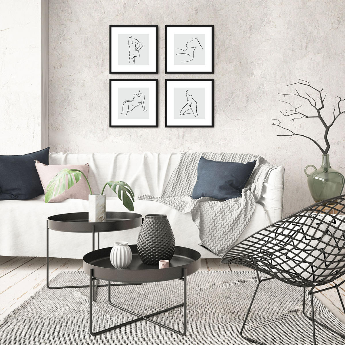BILDER-SET mit Rahmen 4 x 30x30 cm Line Art Frauen schwarz weiß - Weiß, Holz (30/30cm) - artissimo