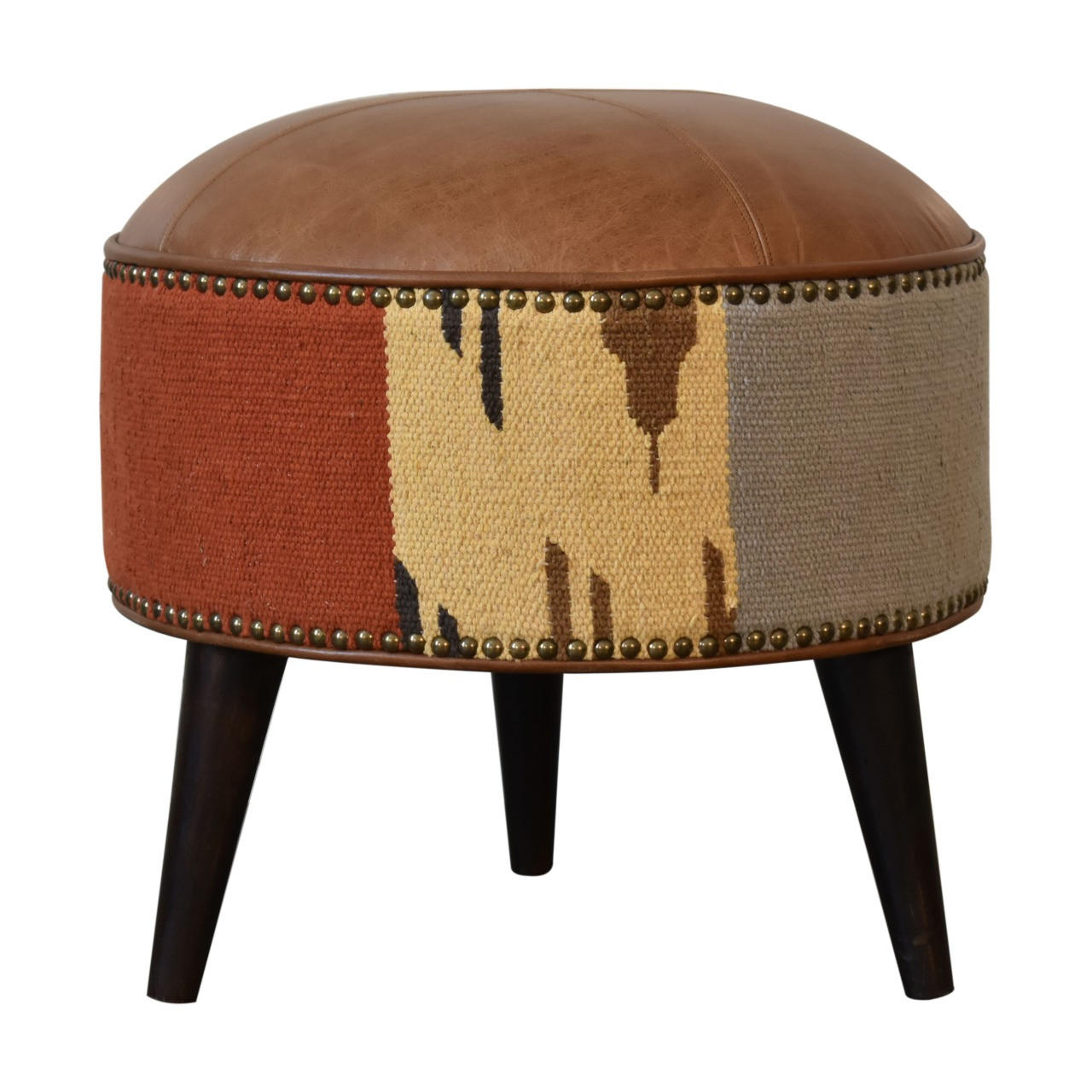 HOCKER mit Durrie-Drucken, Leder-Mix - Messingfarben/Braun, Holz/Metall (45/45/45cm) - Artisan Furniture