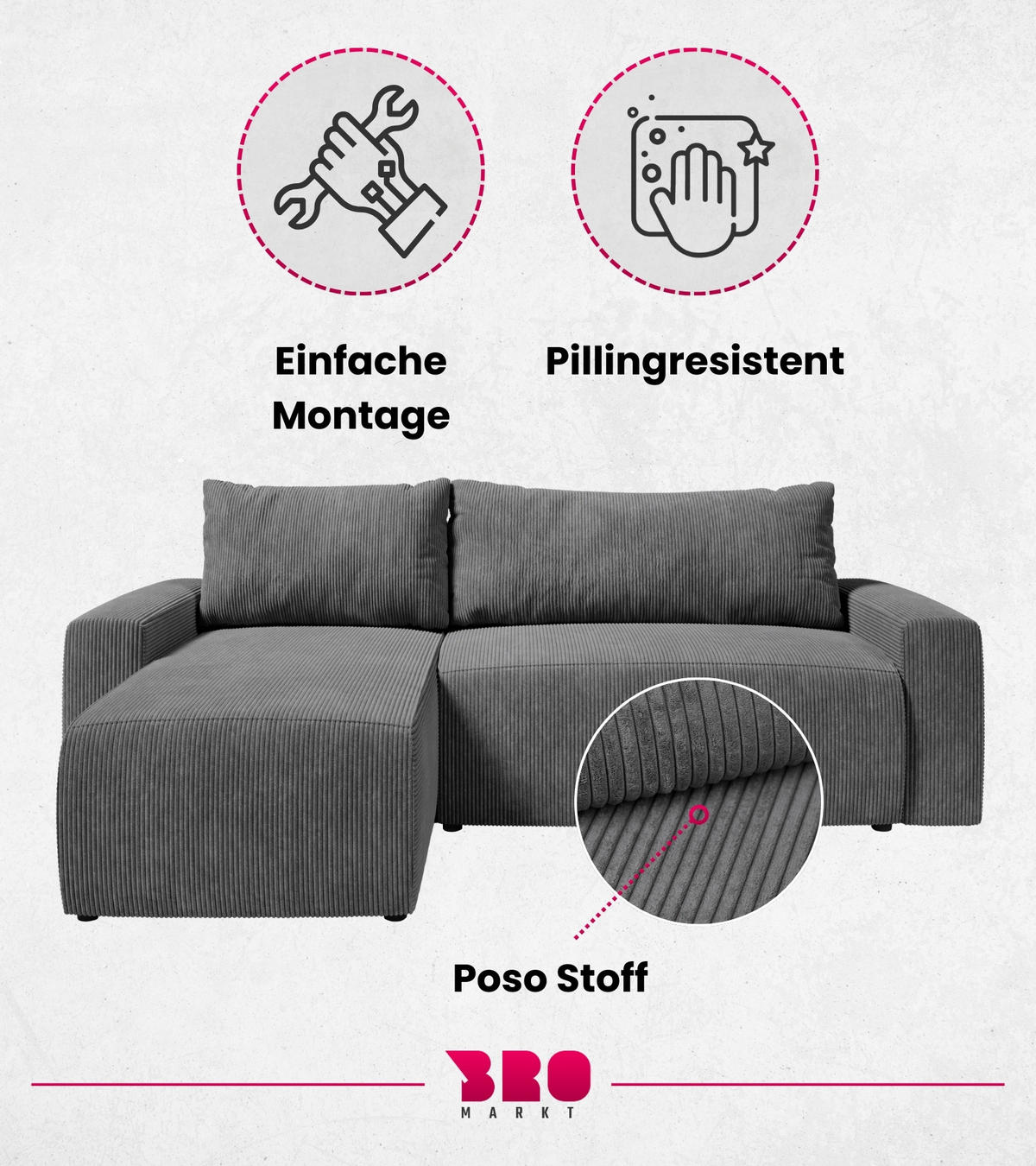 ECKSOFA PLUSH mit Schlaffunktion Dunkelgrau Cord - Dunkelgrau, Textil (240/145cm) - Bromarkt