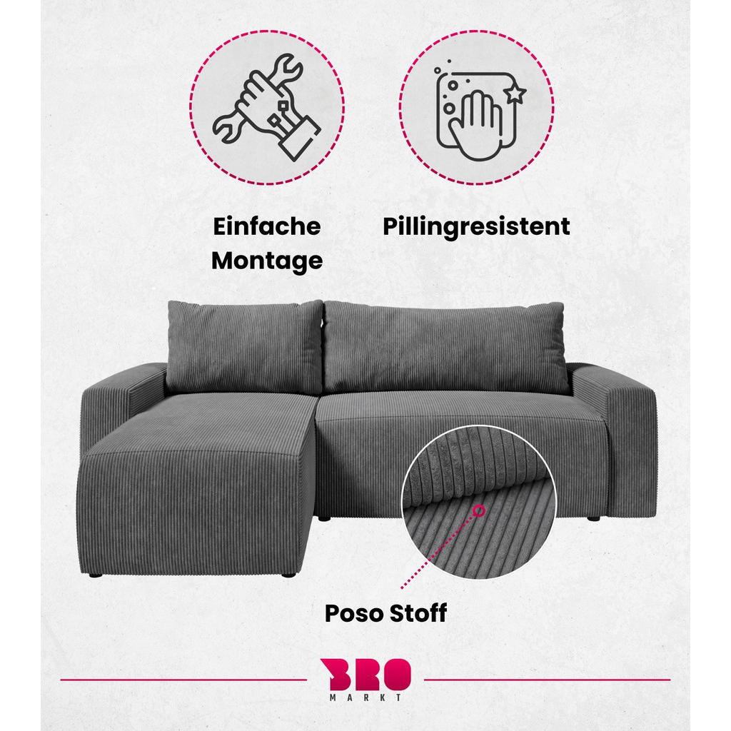Thumbnail - Bromarkt Ecksofa, Dunkelgrau, Textil, 3-Sitzer, Füllung: Federn, L-Form,L-Form, 240x145 cm, Wohnzimmer, Sofas & Couches,...