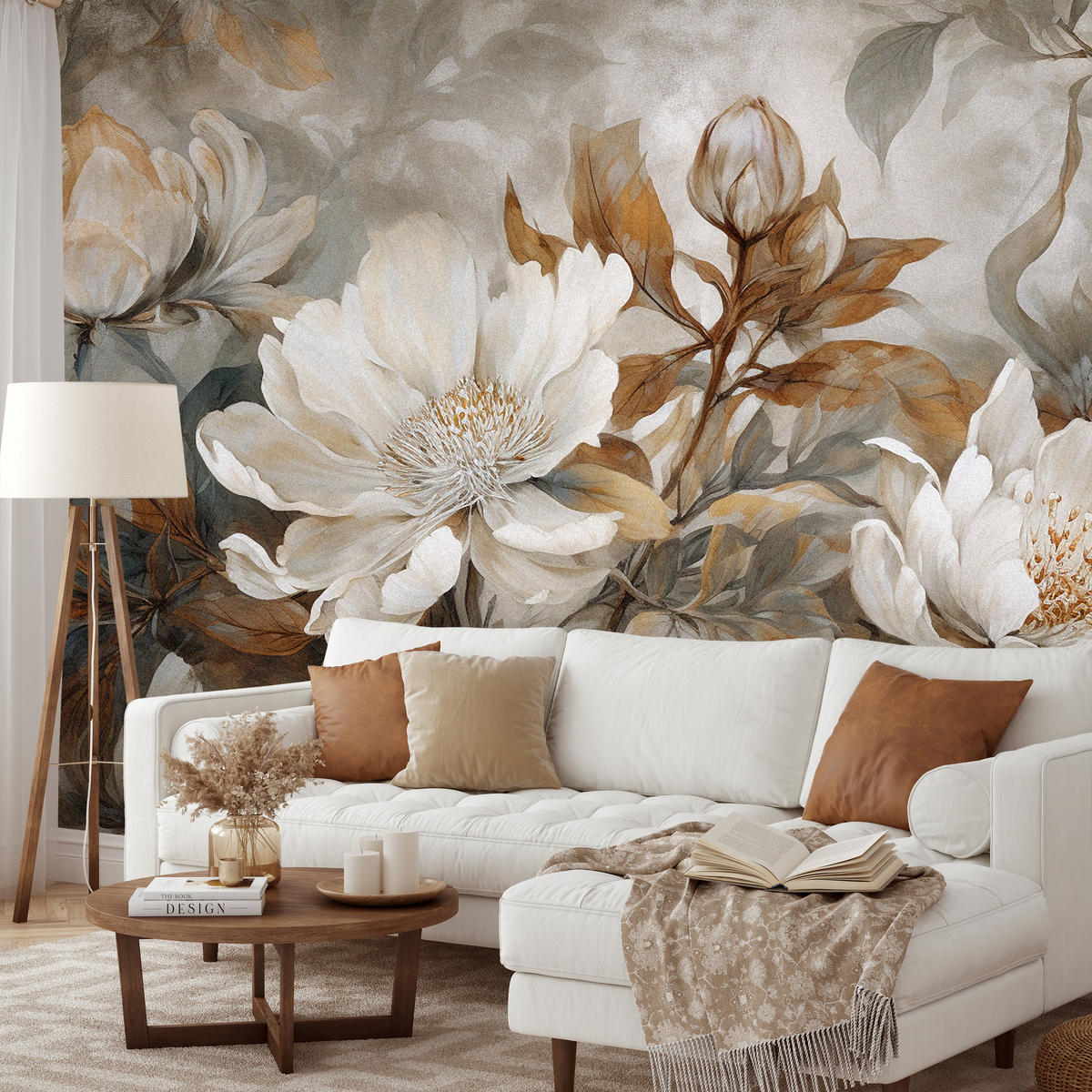 FOTOTAPETE für Wohnzimmer Blätter Abstrakte Blüten Pflanzen Retro 500x350 - Grau, Papier (500/350cm) - Muralo