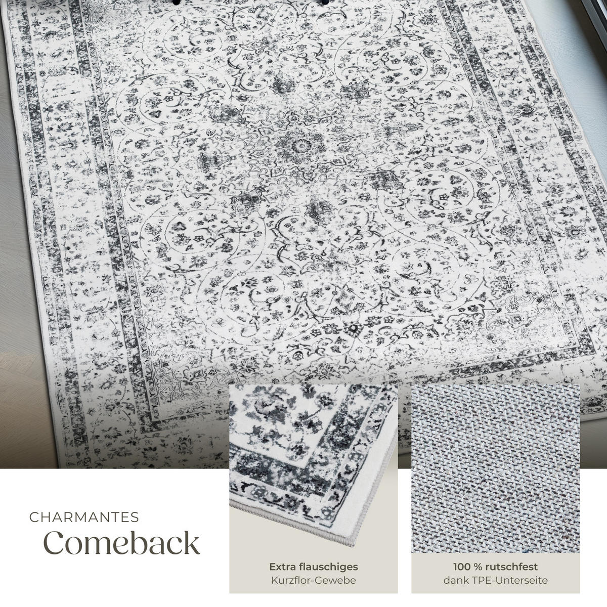 TEPPICH Vintage Design Aliya,rutschfeste Unterseite,grau - Grau, Kunststoff (200/274cm) - tectake