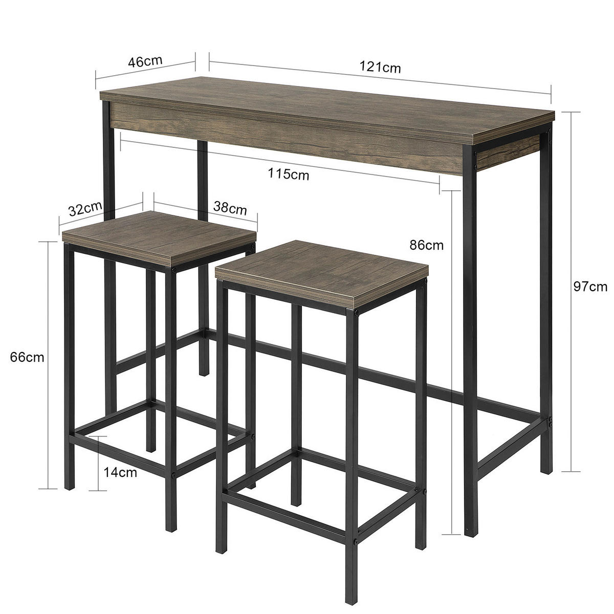 BARTISCH + 2 x BARHOCKER - Naturfarben, Holzwerkstoff (121/97/46cm) - SoBuy