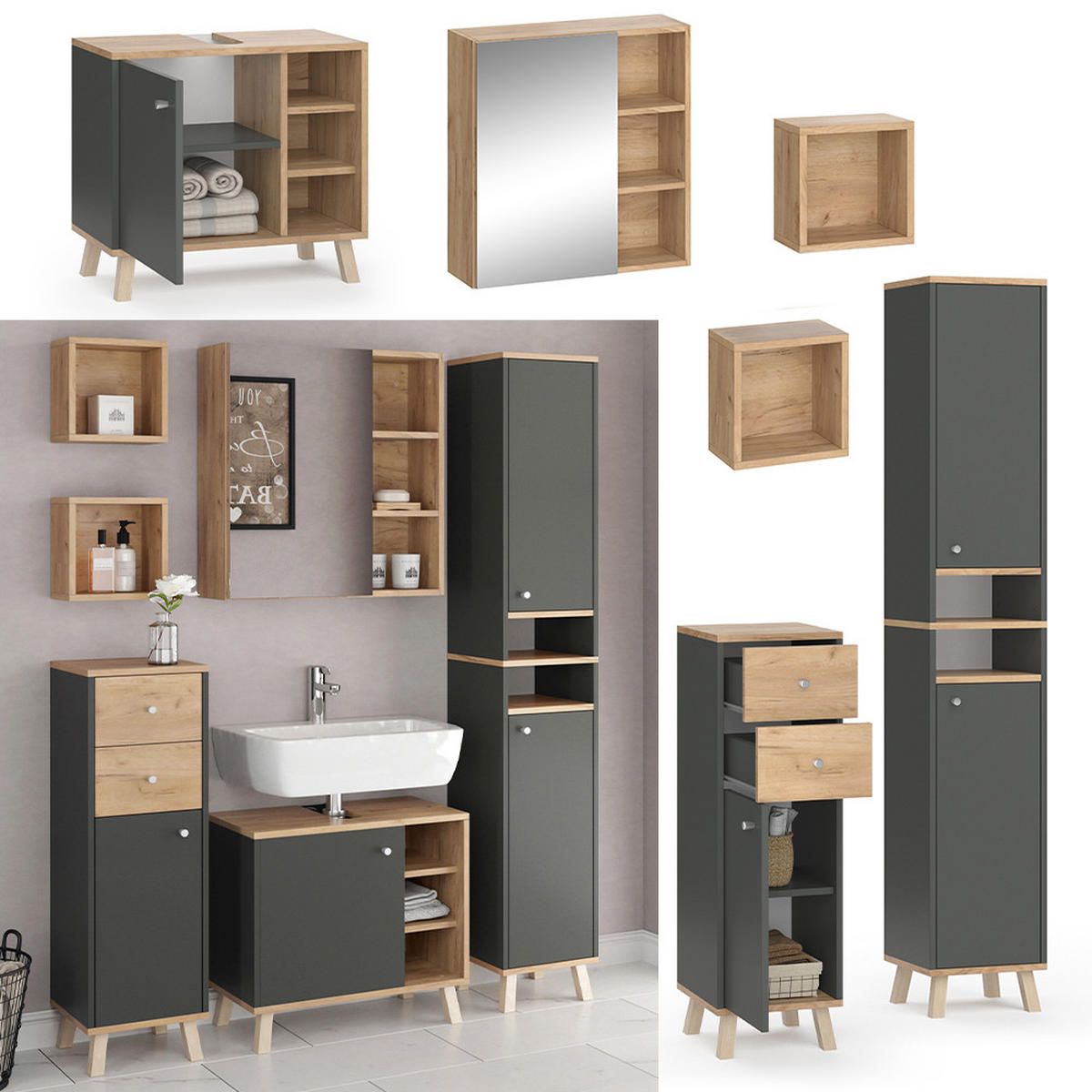 BADMÖBEL-SET Senyo Anthrazit 5 Teile - Honigeiche/Anthrazit, Holzwerkstoff (62/54/32cm) - Vicco