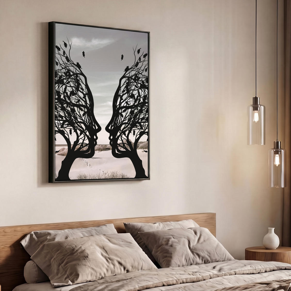 LEINWAND Bilder mit Rahmen - Strand - Meer - Menschen - Baum - Moderne Kunst - 70x100 - Hellgrau, Textil (70/100cm) - MuchoWow