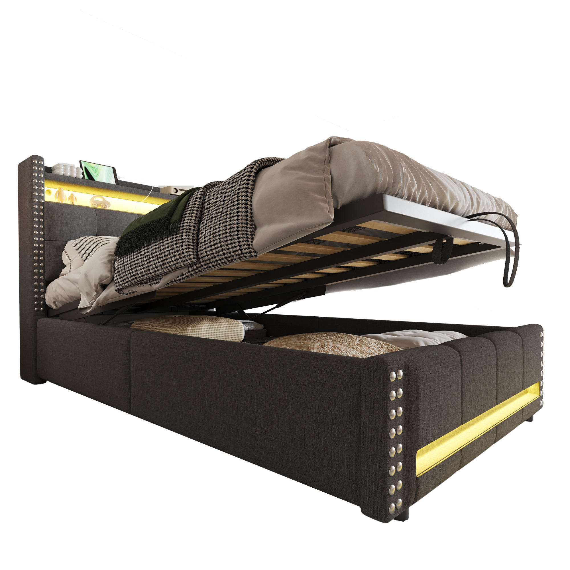 KINDERBETT 90x200 cm LED USB Stauraum grau - Grau, Textil (90/200cm) - LEBENLANG