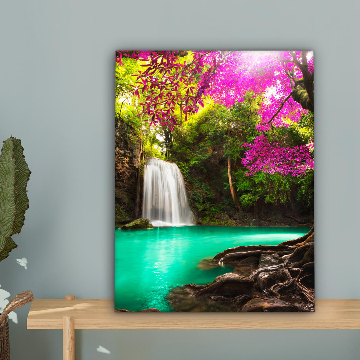 LEINWANDBILD Wasserfall mit bunten Blumen und Bäumen - Natur - Dschungel Room Decor 30x40 cm - Waldgrün, Textil (30/40cm) - MuchoWow