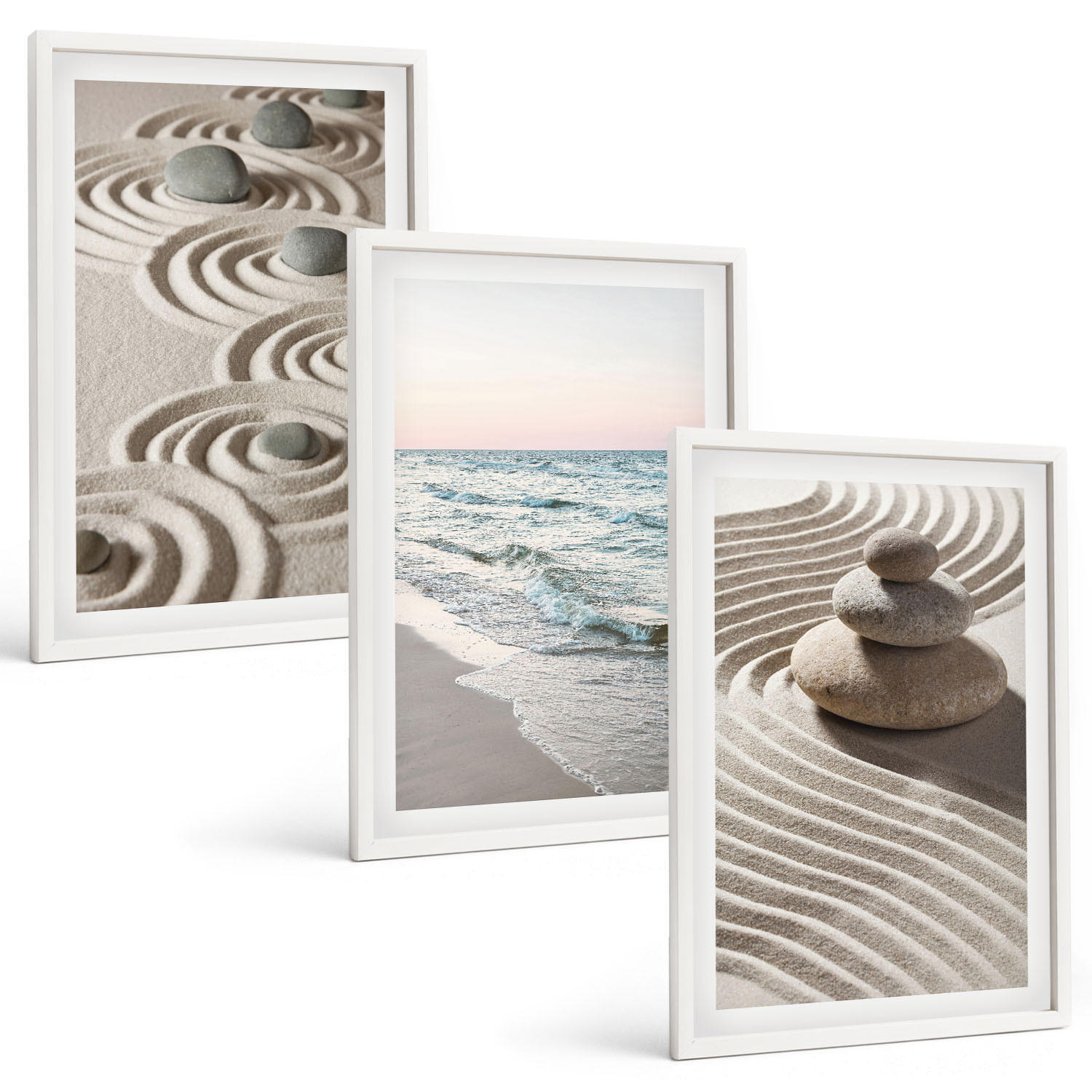BILDER SET 3er Set - 40x60 cm Weißer Rahmen - Wellen, Sand, Wasser, Steine, Strand - Weiß, Kunststoff (40/60cm) - TULUP