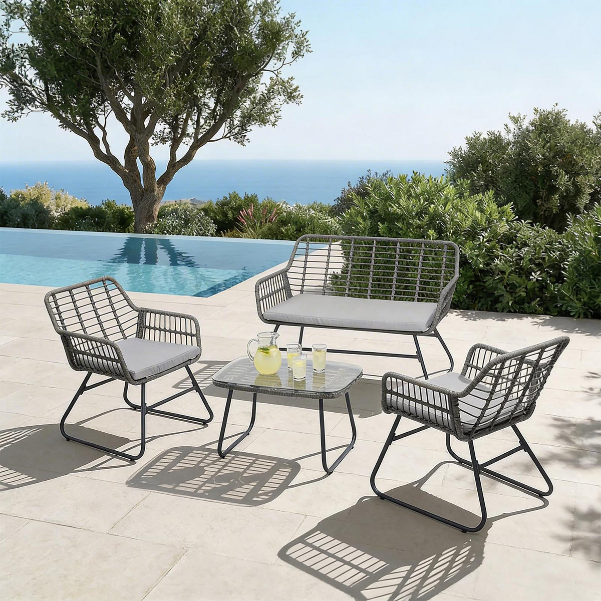 GARTENLOUNGE RIVIERA 4er Set grau/schwarz - Hellgrau/Grau, Metall - IDIMEX