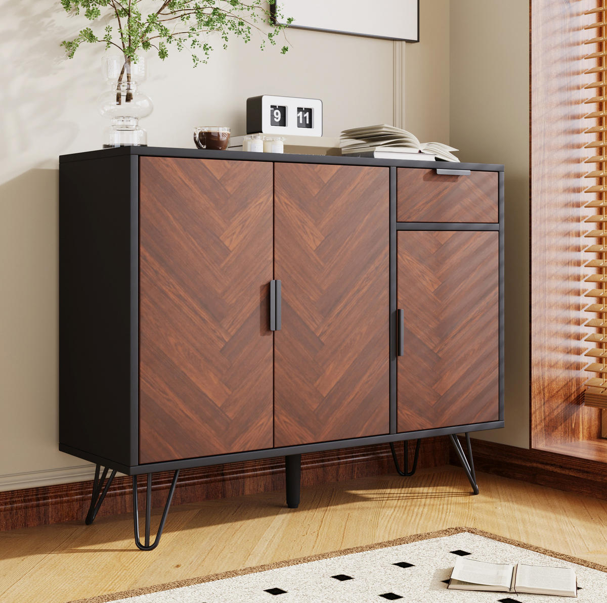 SIDEBOARD 90/30/71,5 cm mit 3 Türen, Schublade & höhenverstellbaren Einlegeböden - Naturfarben, Holzwerkstoff (90/71.5/30cm) - BEAOK