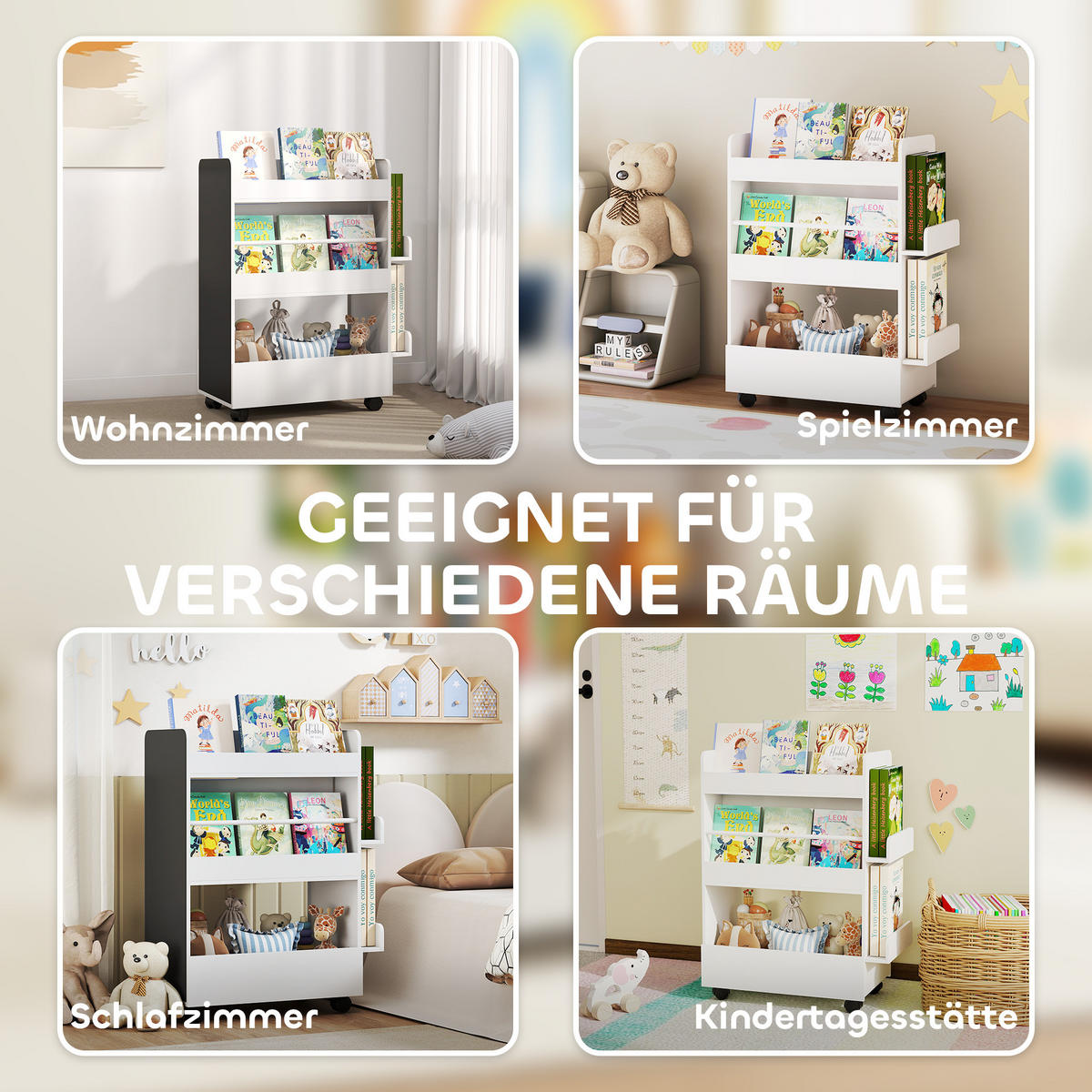 BÜCHERREGAL DE-09567 4 Regale + Tafel + Rollen Weiß - Weiß, Holzwerkstoff (66.5/86.5/32.5cm) - ComfortXL