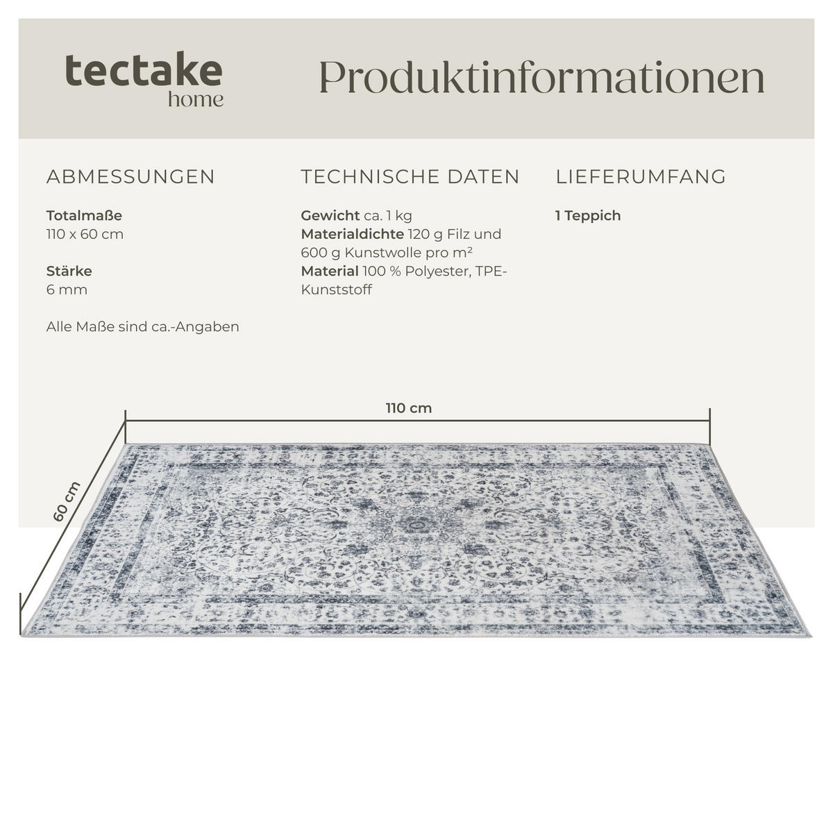 TEPPICH Vintage Design Aliya,rutschfeste Unterseite,grau - Grau, Kunststoff (60/110cm) - tectake