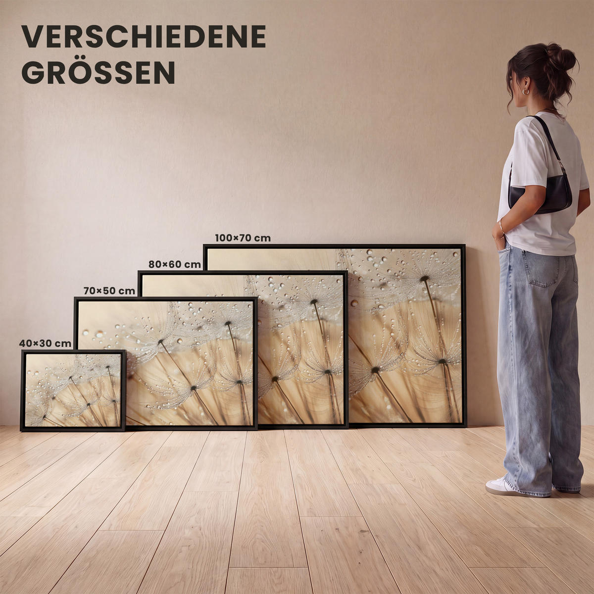 LEINWAND Bilder mit Rahmen - Löwenzahn - Abstrakt - Natur - Beige - 100x70 - Braun, Textil (100/70cm) - MuchoWow