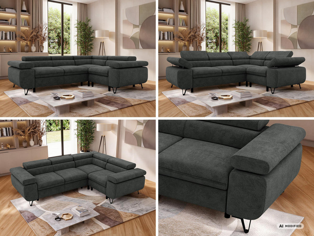 ECKSOFA ORSO L Dunkelgrau Stukture - Rechts Seite - Dunkelgrau/Schwarz, Textil/Metall (268/197cm) - MKS