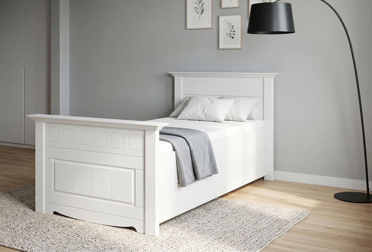 BETT Belluno Elegante Kiefer weiß lackiert 110 / 214 / 95cm - Weiß, Holz (90/200cm) - Feldmann-Wohnen