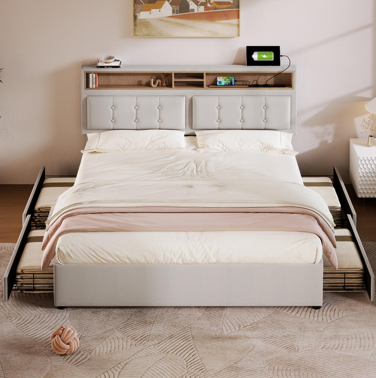 POLSTERBETT 160/200 cm beige mit USB-Anschlüssen und höhenverstellbarem Kopfteil mit Matratze - Beige, Textil (160/200cm) - OKWISH