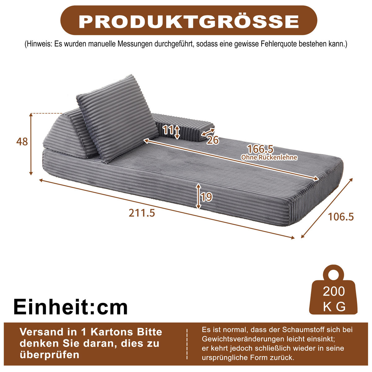 RÉCAMIERE 211 cm frei kombinierbar mit dreieckigen Rückenlehnen, DE-42722, Grau - Grau, Textil (211.5/48/106.5cm) - ComfortXL