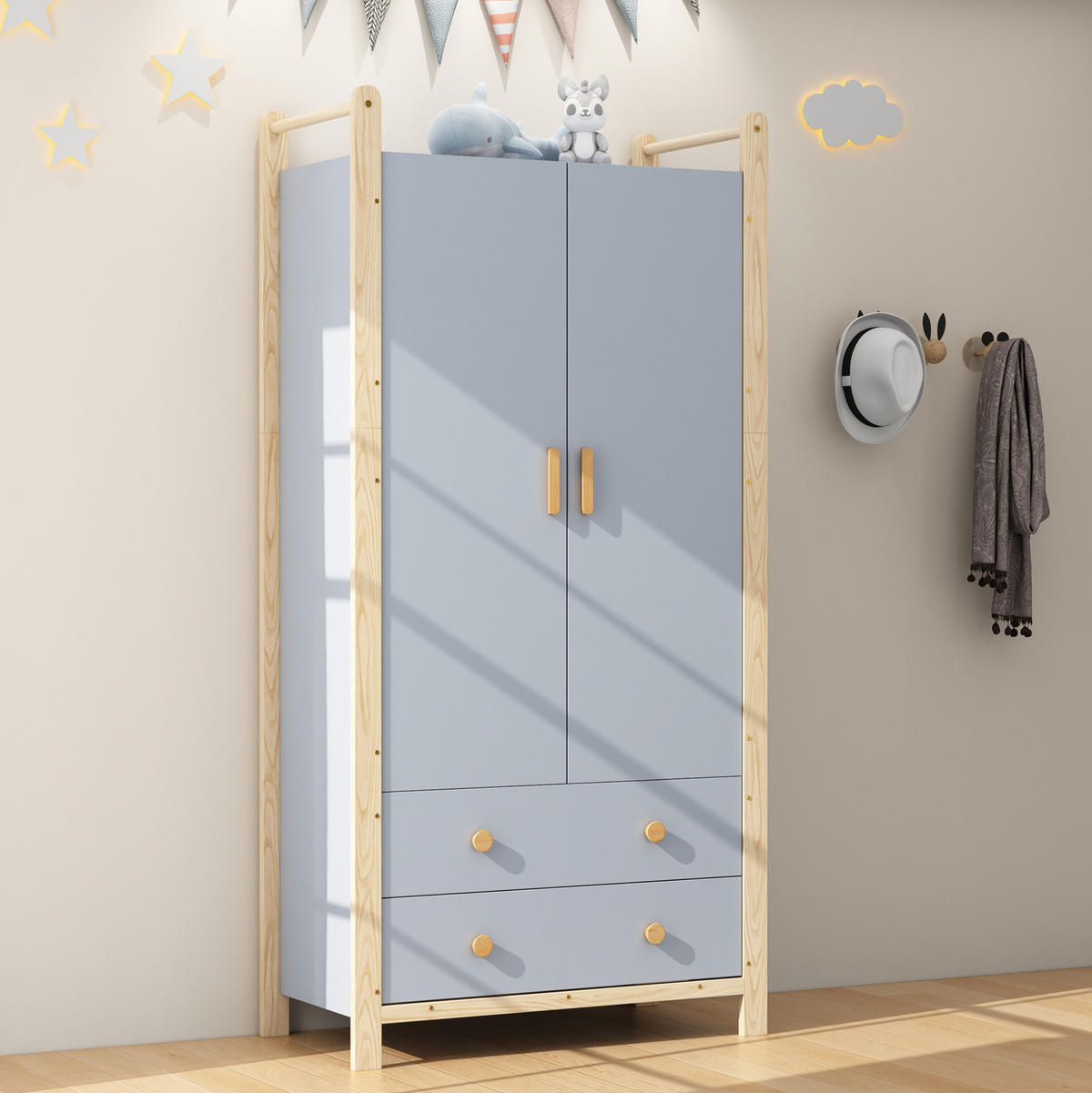 KLEIDERSCHRANK 89,6/44/180,5 cm mit 2 Drehtüren und 2 Schubladen in Blau - Blau, Holzwerkstoff (89.6/180.5/44cm) - BEAOK