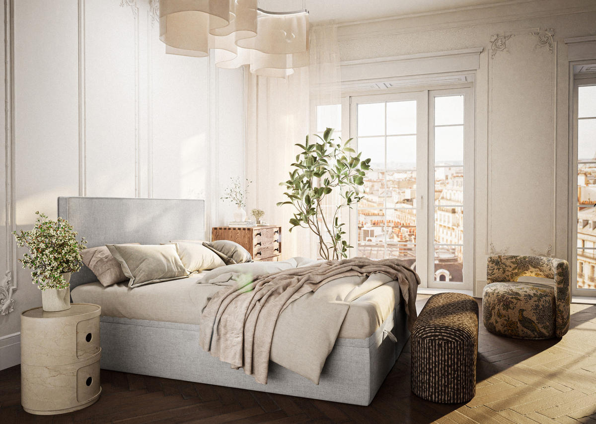 BOXBETT 140/200 cm Tegal, in Hellbeige, Matratze, gepolstertes Kopfteil, Bettkasten, H3 = fest - Beige/Schwarz, Holz/Holzwerkstoff (140/200cm) - Maison de Reve
