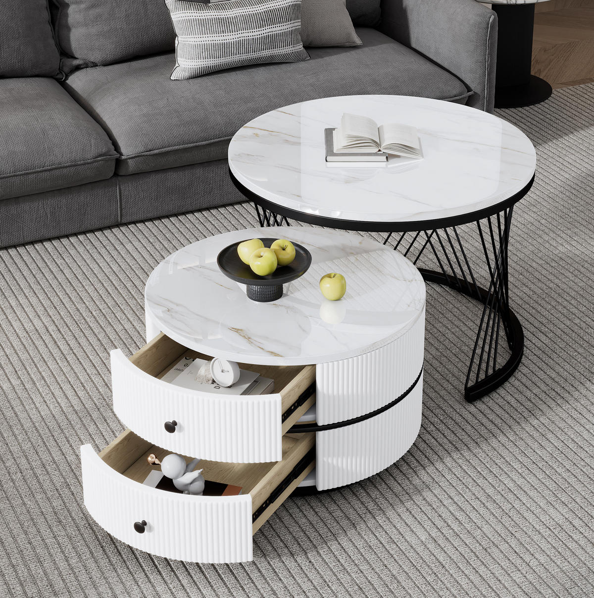 COUCHTISCH aus MDF 60x60x46 & 50x50x31 cm in Weiß mit 2 Schubladen - Weiß, Holzwerkstoff (60/46/60cm) - Modfu