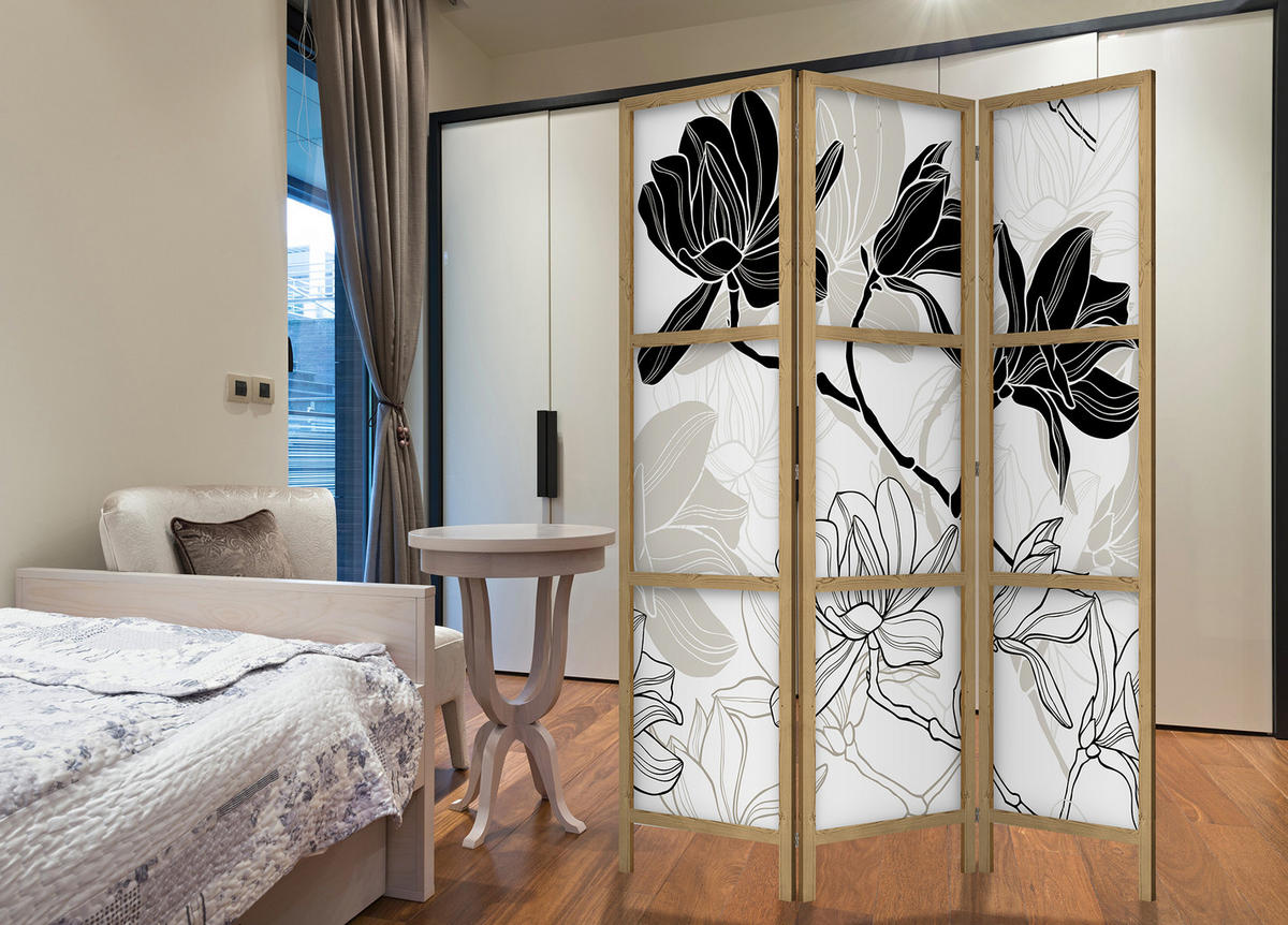 PARAVENT Japanischer 3-tlg 135x172 cm Schwarz-Wei e Magnolien - Weiß, Holz/Textil (135/172/3cm) - Muralo