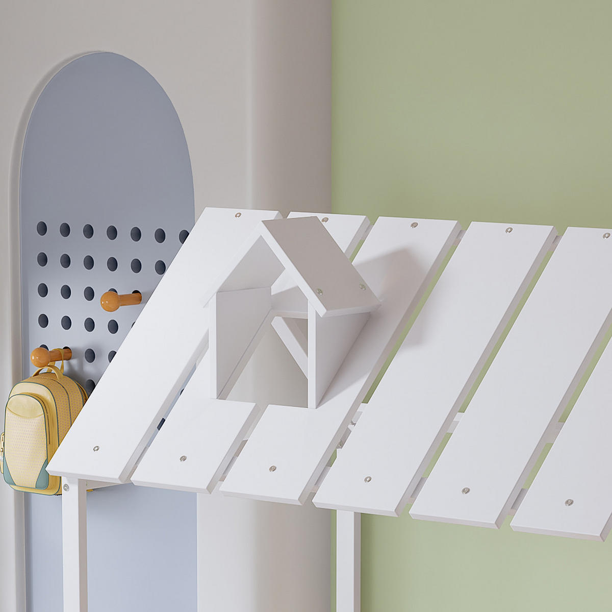 HAUSBETT 120/200 cm und 120/190 cm Weiß mit Rollbett und Dach mit Kaminleiste aus Kiefer+MDF - Weiß, Holzwerkstoff (120/200cm) - OKWISH