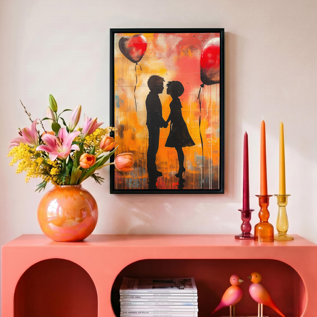 LEINWAND Bilder mit Rahmen - Straßenkunst - Liebe - Graffiti - Kunst - Banksy - 20x30 - Orange, Textil (20/30cm) - MuchoWow