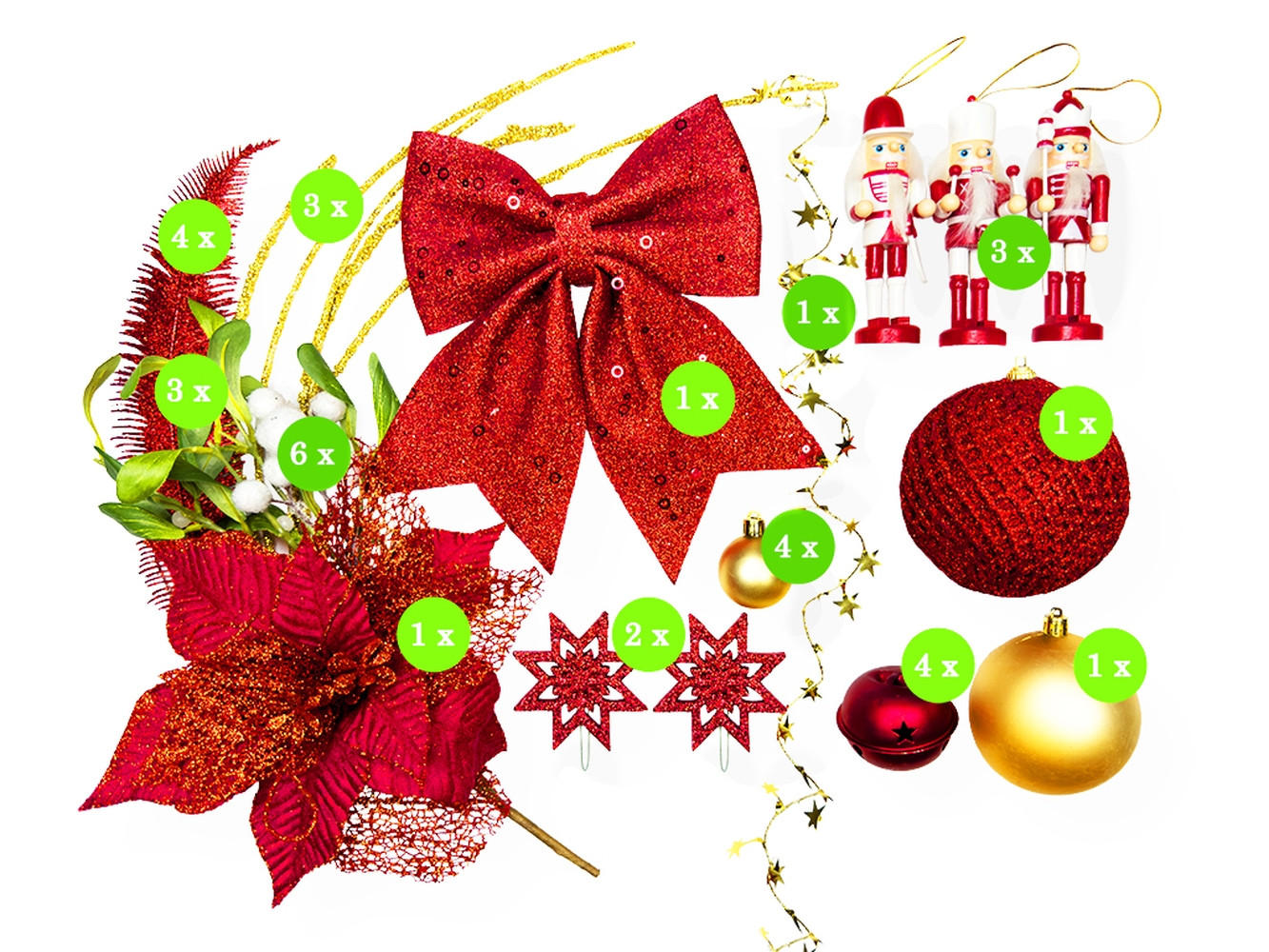 LAALU CHRISTBAUMKUGEL-SET 34 Stück in Box Rot Nussknacker für Weihnachtsbaum bis zu 100 cm - Rot/Goldfarben, Holzwerkstoff/Kunststoff (20/12/30cm) - LAALU
