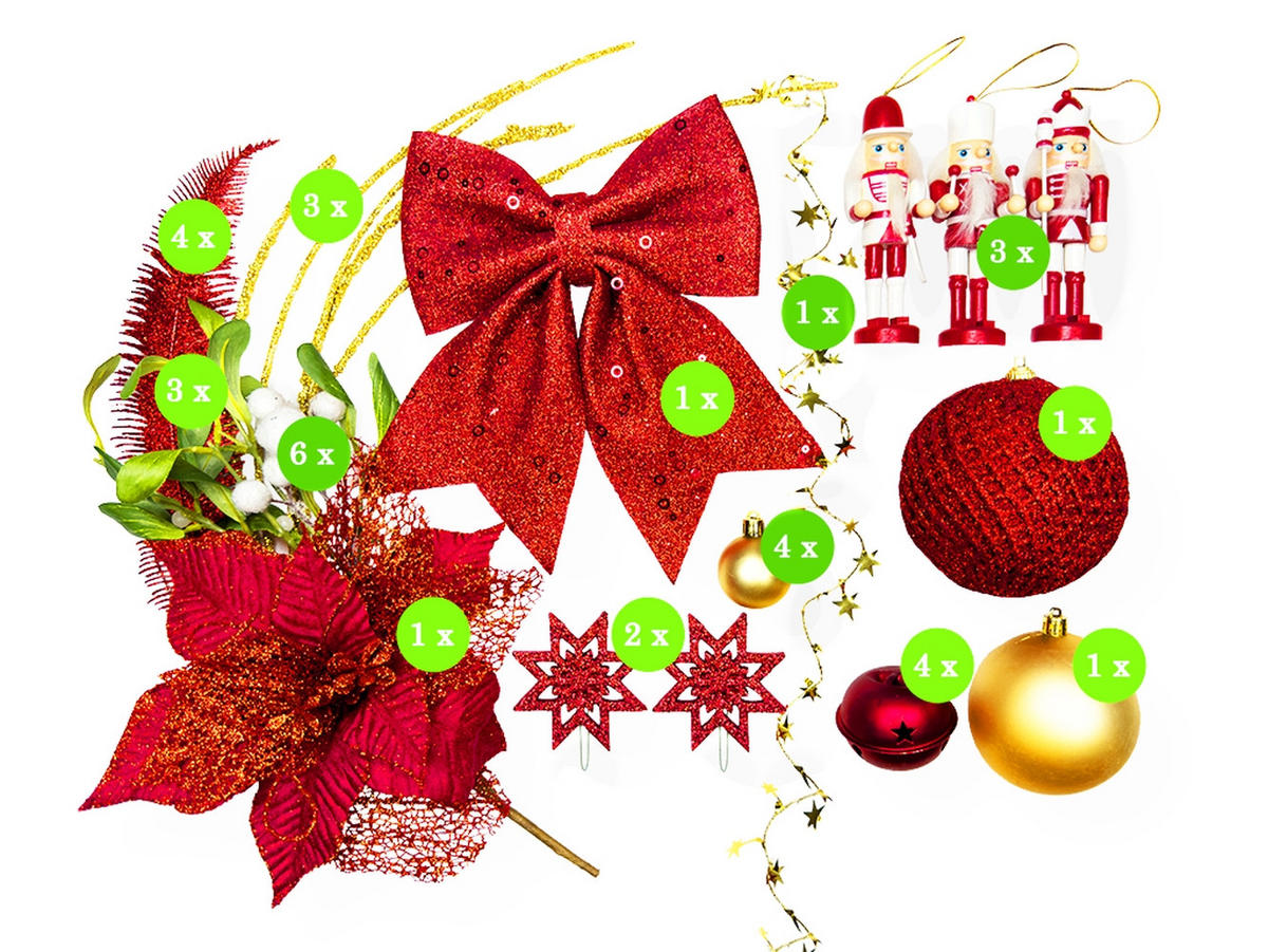 LAALU CHRISTBAUMKUGEL-SET 34 Stück in Box Rot Nussknacker für Weihnachtsbaum bis zu 100 cm - Rot/Goldfarben, Holzwerkstoff/Kunststoff (20/12/30cm) - LAALU