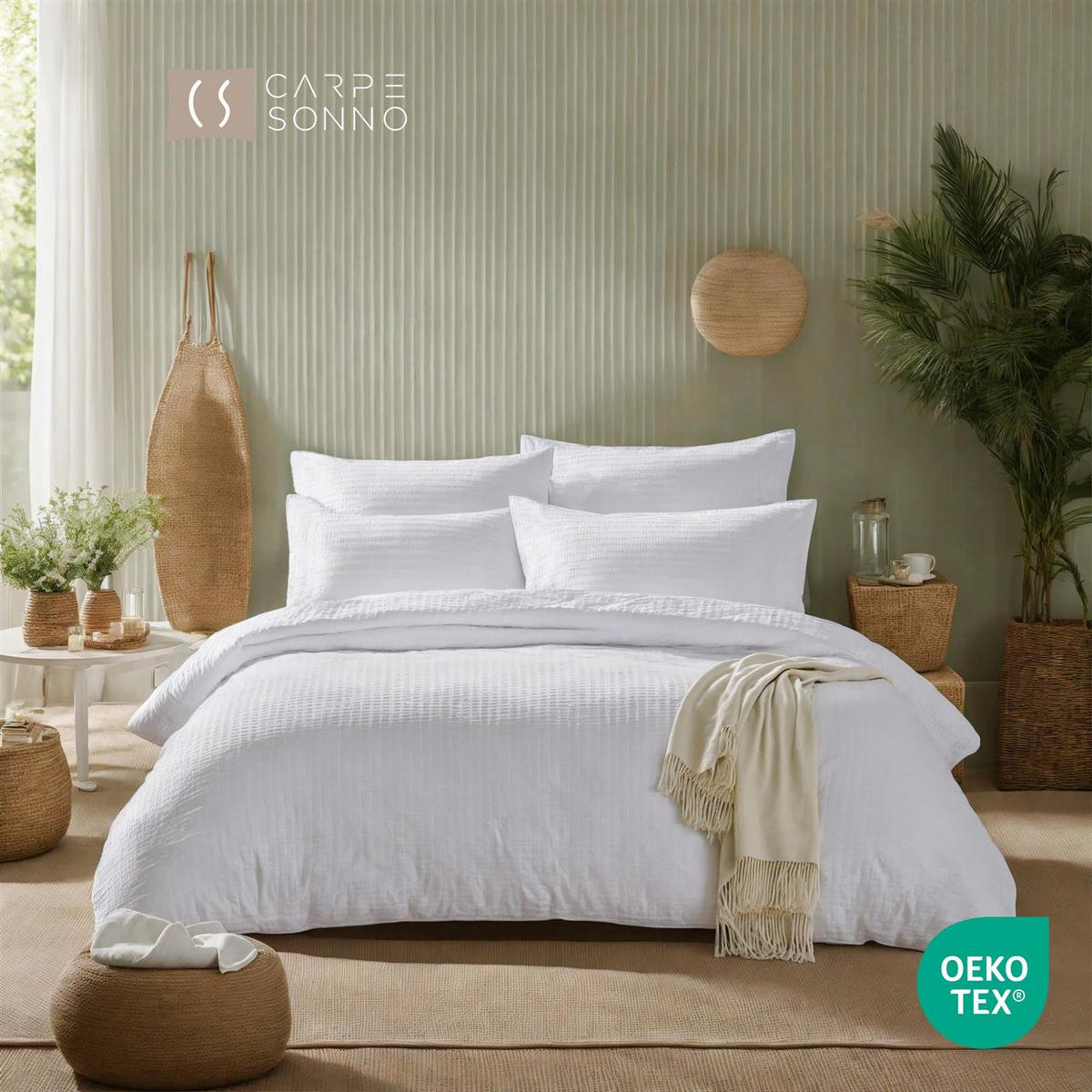 SEERSUCKER-BETTWÄSCHE 155x220 Uni Sommer Bettbezug Bügelfrei aus 100% Baumwolle, Bettbezüge einfarbig Weiß - Weiß, Textil (155/220cm) - Carpe Sonno