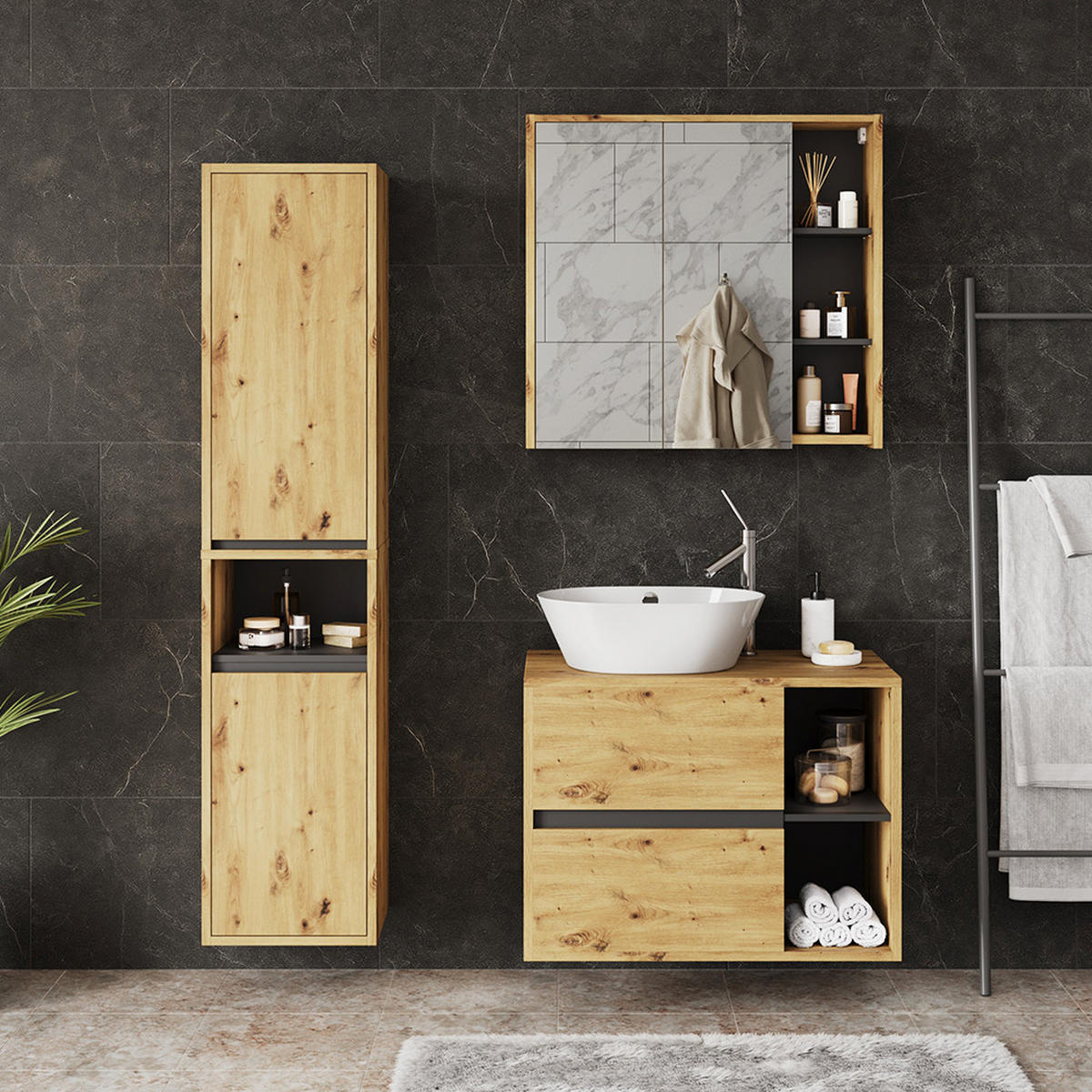 SADA KOUPELNOVÉHO NÁBYTKU Viola Artisan/šedá - šedá/světle šedá, kompozitní dřevo (80/60/46cm) - Vicco