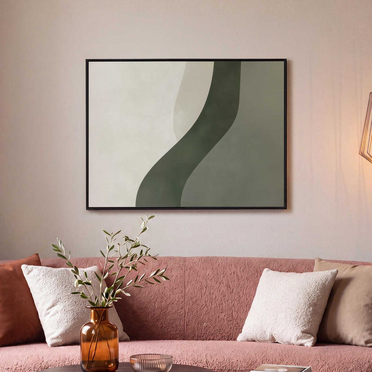 LEINWAND Bilder mit Rahmen - Japandi - Grün - Abstrakt - Modern - 80x60 - Salbeigrün, Textil (80/60cm) - MuchoWow