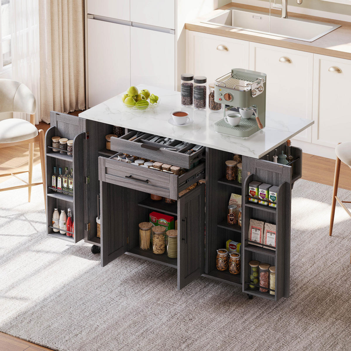 KÜCHENINSEL aus MDF 136x70x92 cm Grau mit ausziehbarer Arbeitsplatte, Rollen, versteckter Besteckschublade und Stauraum - Grau, Holzwerkstoff (136/92/70cm) - Modfu