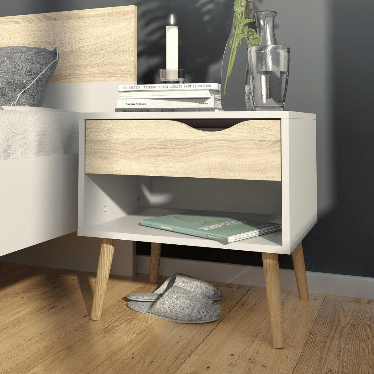 NACHTTISCH mit 1 Schublade, 1 Fach weiß und Eiche Dekor billund 50,2/39,1/49,7 cm - Weiß, Holzwerkstoff (50/50/39cm) - ebuy24