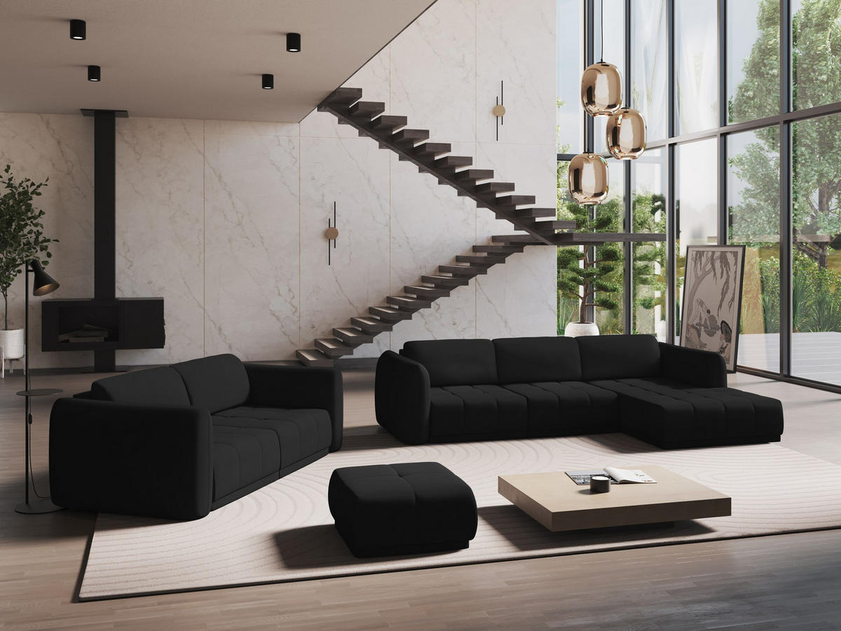 ECKSOFA Rechts Chenille Stoff Schwarz - Schwarz, Kunststoff/Textil (290/170cm) - Makamii