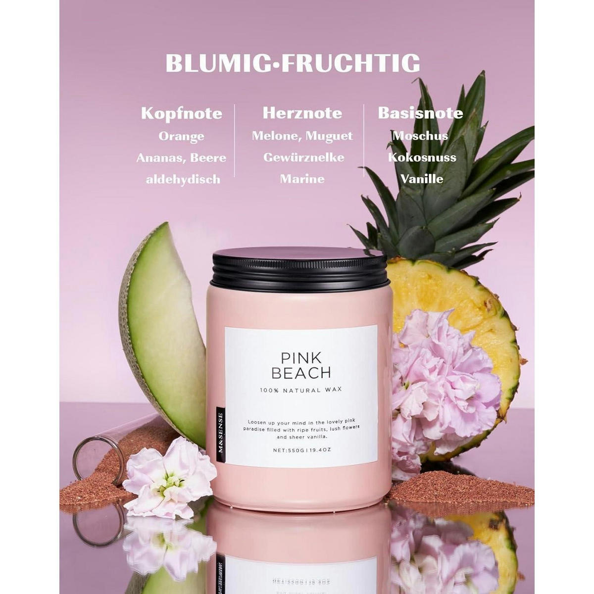 DUFTKERZE Pink Beach 550g Sojawachs 110h Brenndauer - Rosa, Paraffin (13cm)