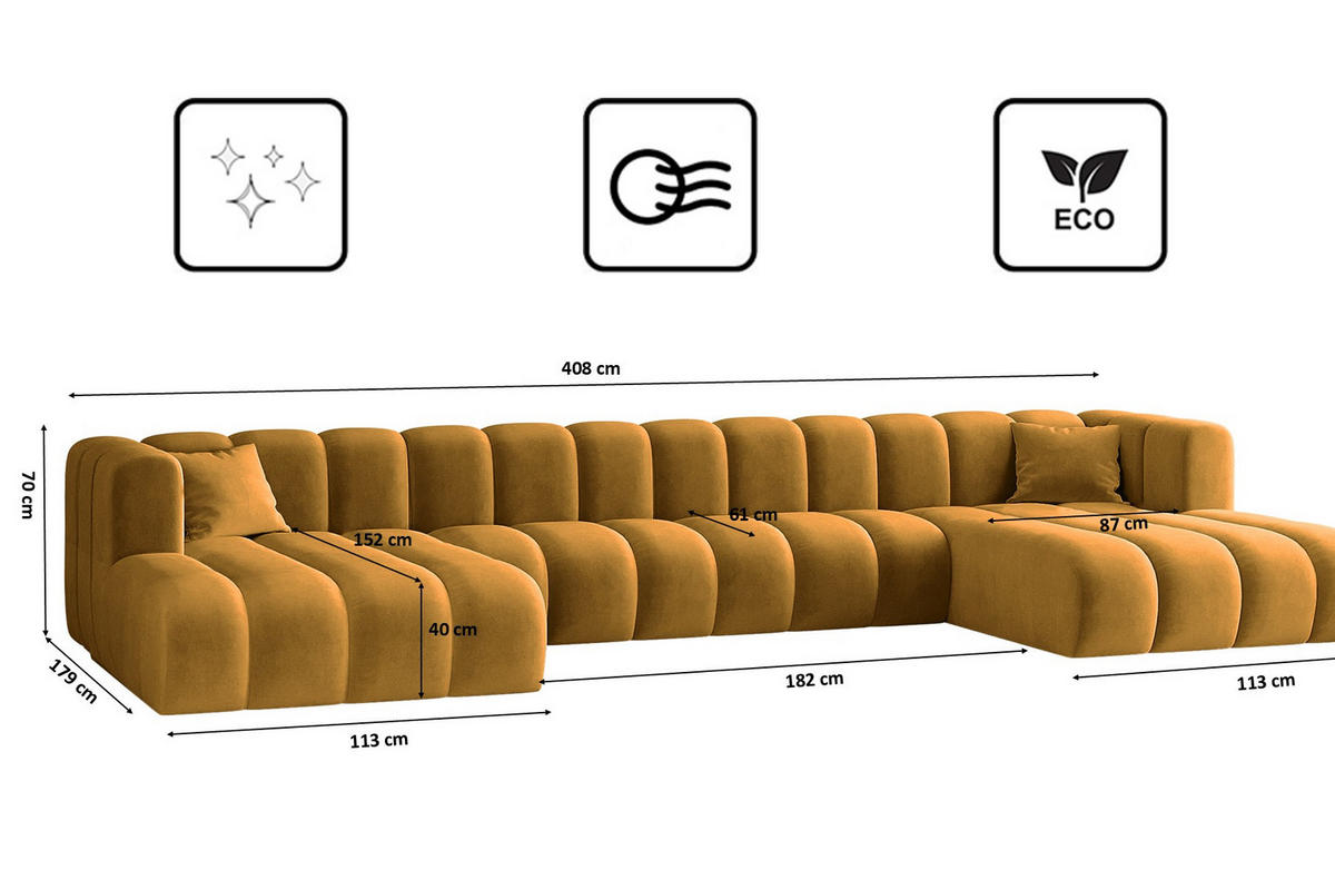 ECKSOFA, U-from, Sofa Grand U XL modular stoff Salvador Gelb - Gelb, Holz (179/408cm) - Kaiser Möbel