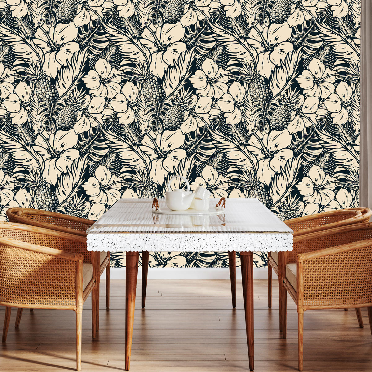 VLIESTAPETE Tropische Blüten und Ananas – Schwarz, Creme – 50x1000 cm - Creme/Schwarz, Papier (50/1000cm) - Muralo
