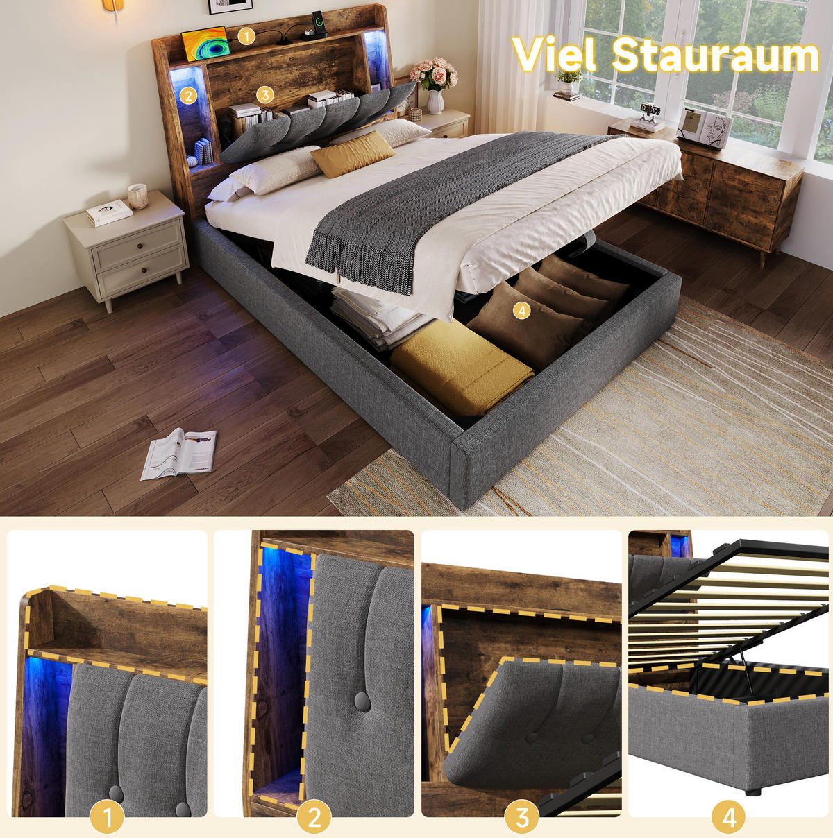 POLSTERBETT 90/200 cm Grau aus Leinen und MDF mit LED-Beleuchtung - Grau, Textil (90/200cm) - OKMYHOME
